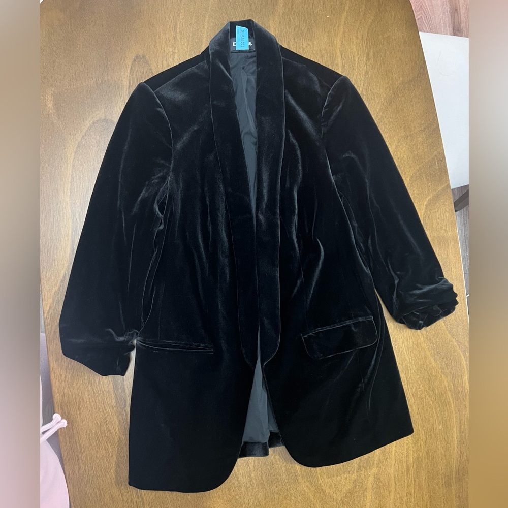 Sold* Express Women's Black Velvet Blazer Jacket Cinch Sleeve Open Front Small - Picture 3 of 13